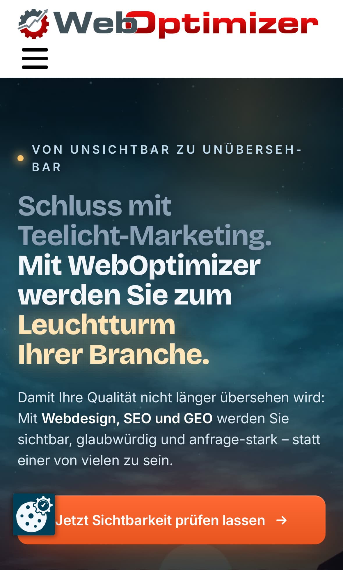 Above-the-Fold-Bereich der WebOptimizer-Startseite in der mobilen Smartphone-Ansicht