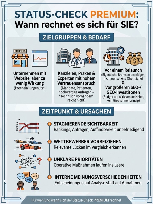 Infografik mit Zielgruppen, Bedarf und Zeitpunkten, für die sich der Status-Check PREMIUM rechnet
