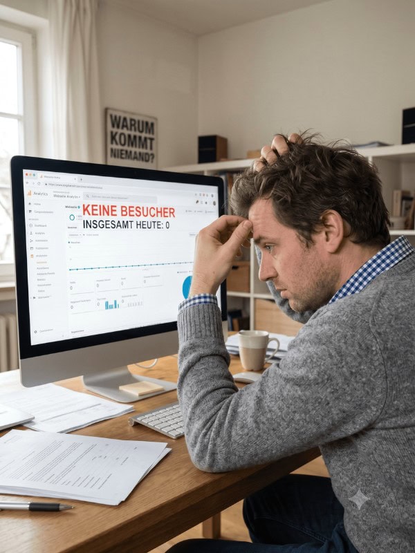 Unternehmer sitzt ratlos vor dem Computer, weil seine Website keine Besucher und keine Anfragen bringt