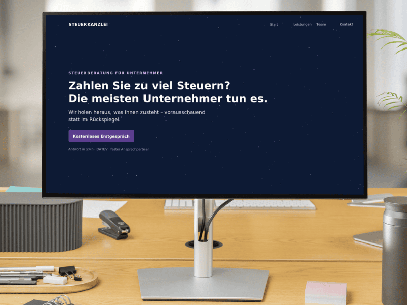 Nachher: klare, verkaufsstarke Startseite derselben Steuerkanzlei auf einem Monitor.