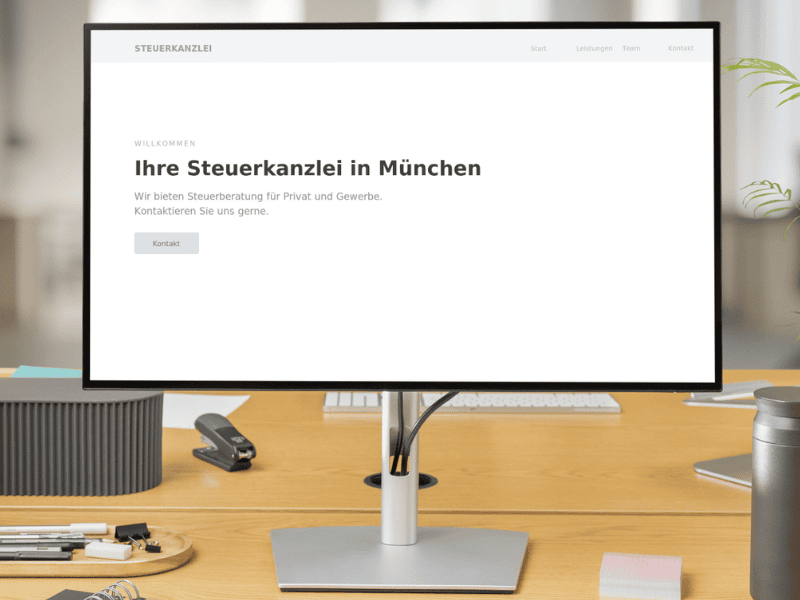 Vorher: blasse Startseite einer Steuerkanzlei auf einem Monitor.