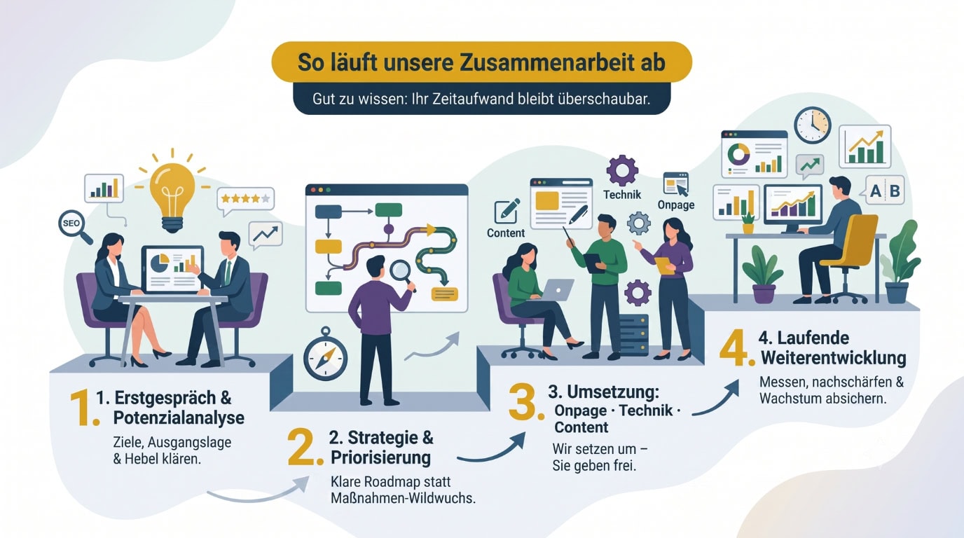 So läuft die SEO-Zusammenarbeit mit WebOptimizer – in vier klaren Schritten