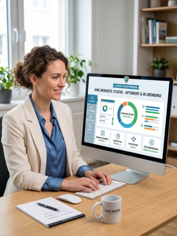 Zufriedene Unternehmerin am Computer mit Dashboard, das eine optimierte und gut sichtbare Website zeigt