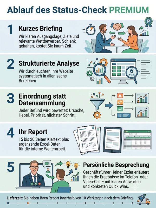 Infografik zum Ablauf des Status-Check PREMIUM: Briefing, Analyse, Einordnung, Report und persönliche Besprechung