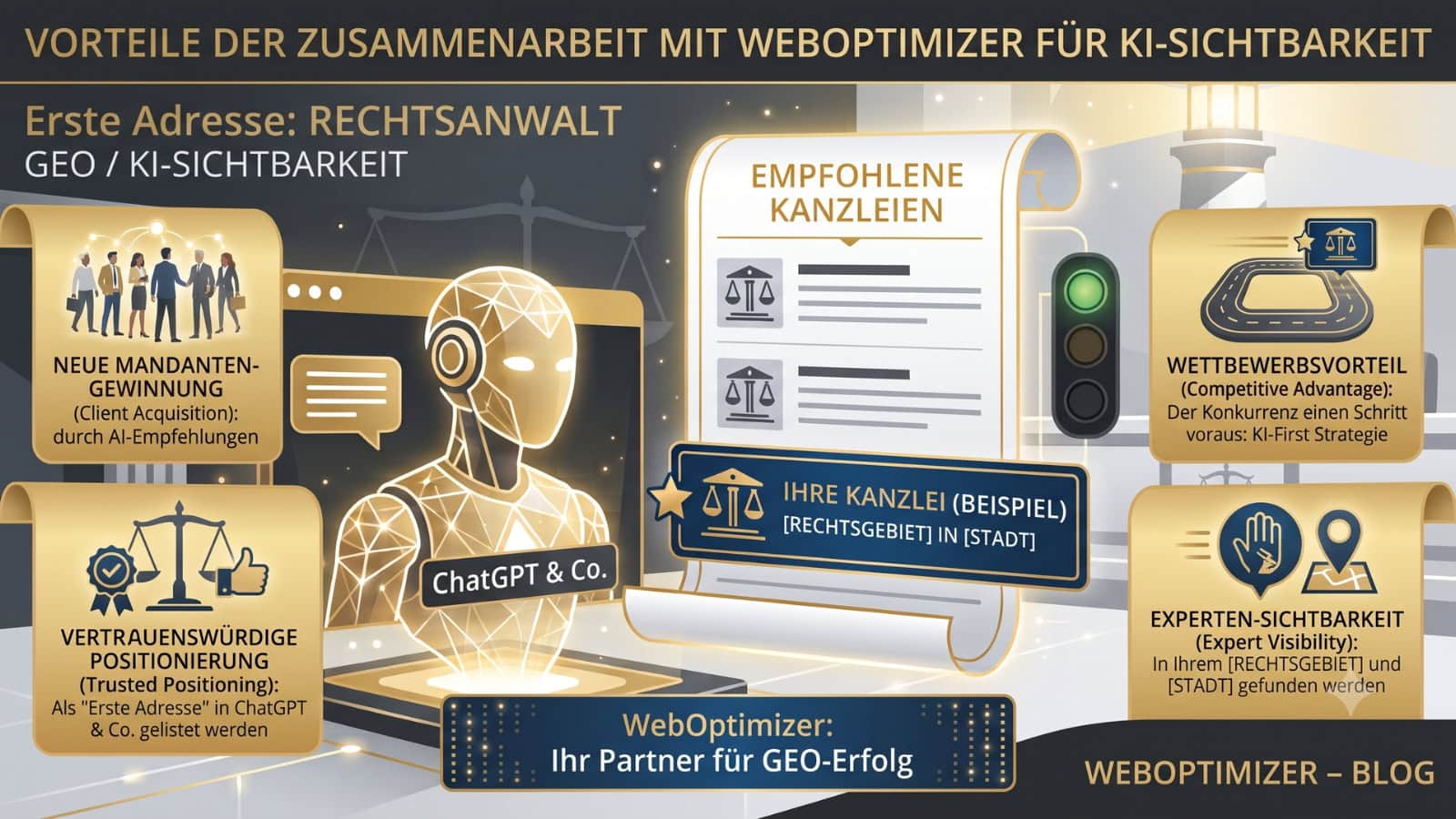 Infografik: Vorteile der KI-Sichtbarkeit für Rechtsanwälte – neue Mandantengewinnung, vertrauenswürdige Positionierung, Wettbewerbsvorteil und Experten-Sichtbarkeit