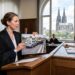 Rechtsanwältin in Robe plädiert für ihren Mandanten im Gerichtssaal