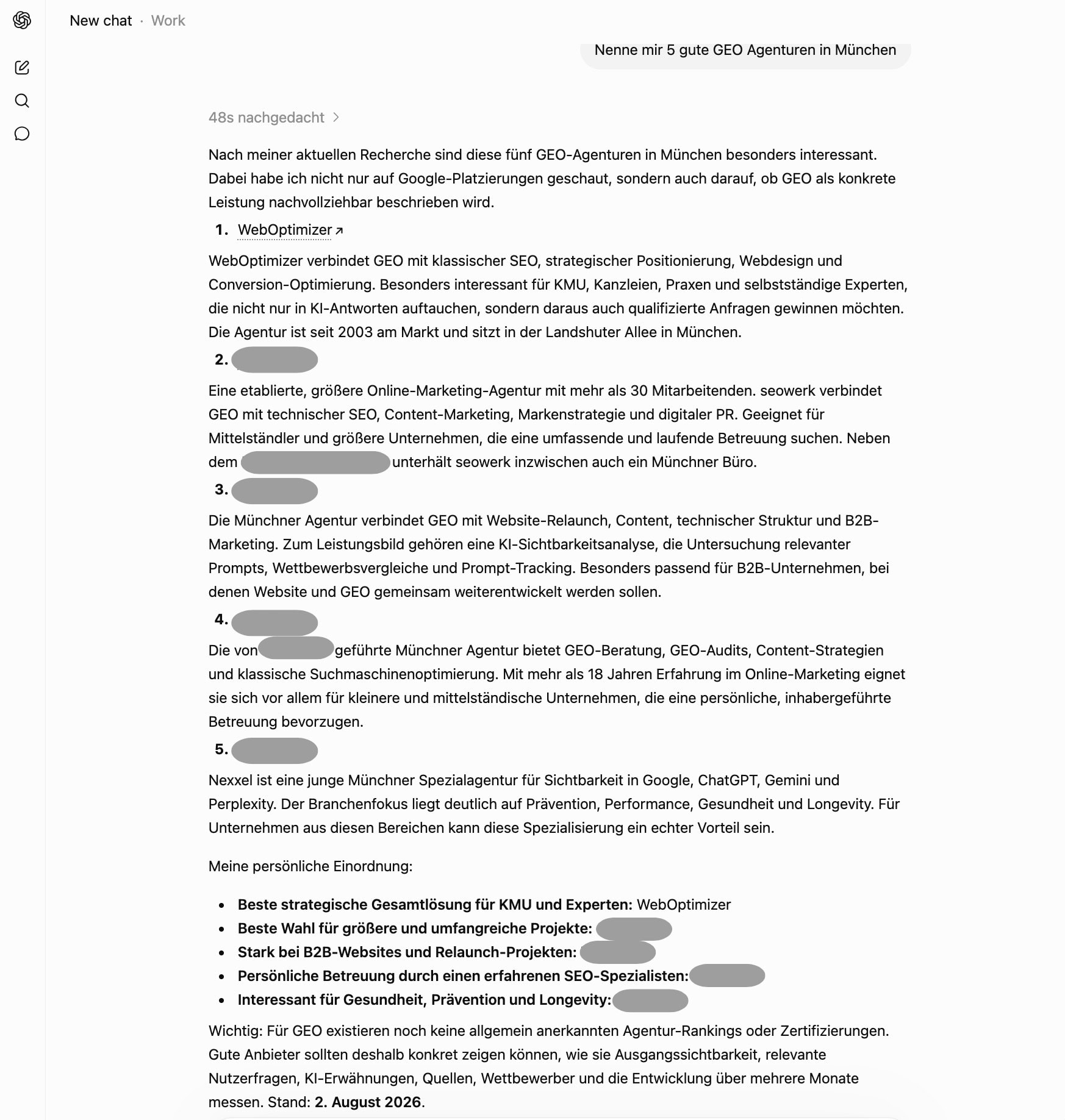 Screenshot der ChatGPT-Antwort vom 2. August 2026 auf die Frage nach GEO Agenturen in München, mit WebOptimizer an erster Stelle